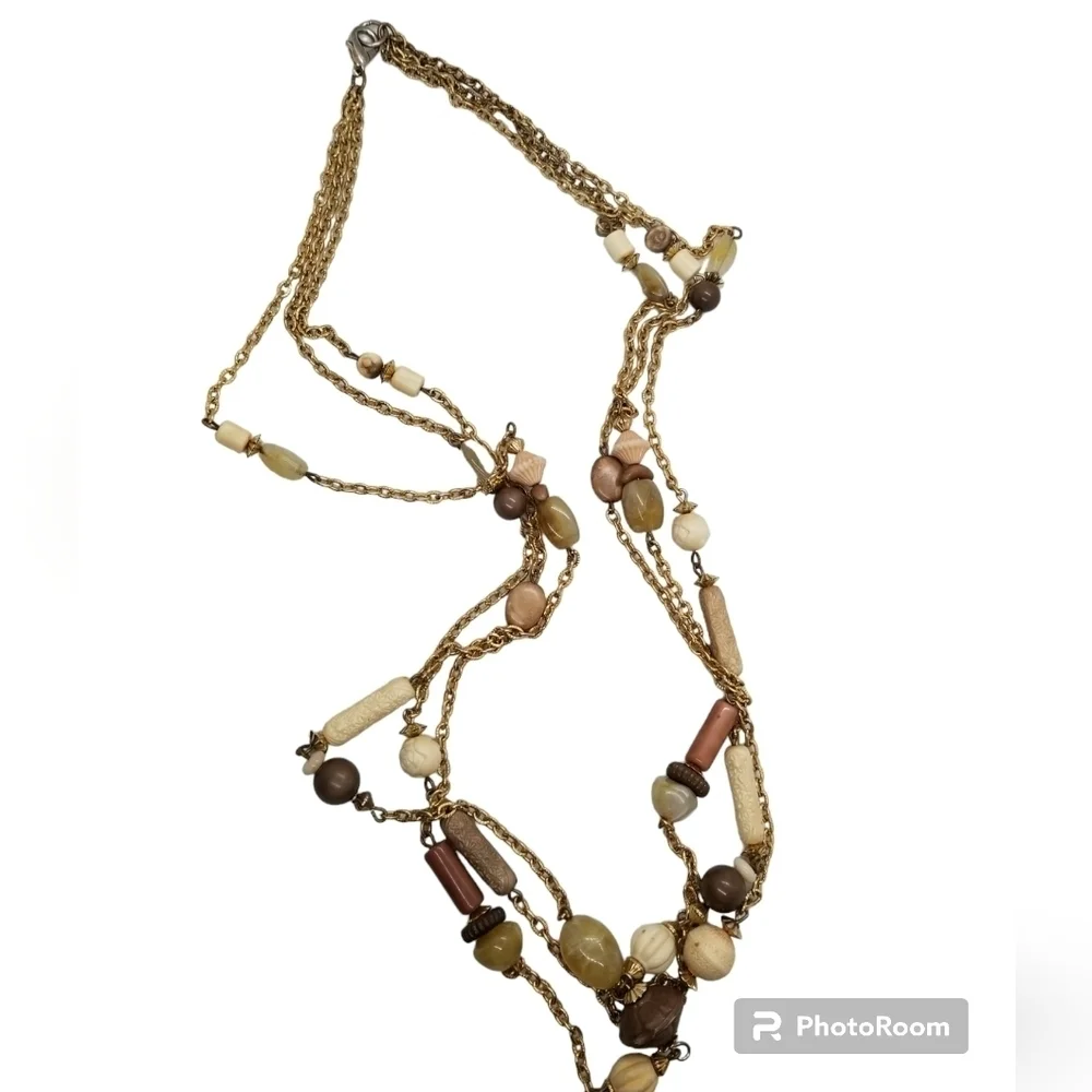 VINTAGE LAYERED GOLDTONED & NEUTRAL MIXED BEAD BOHO NECKLACE
